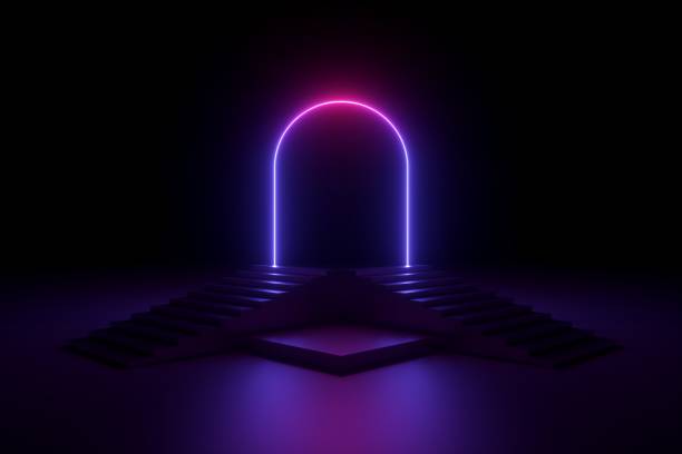 istock 3d render, abstract neon background, glowing violet rounded arch, stairs, steps, performance stage design, empty fashion podium, ultraviolet light 1173397888