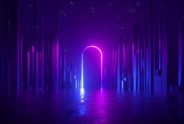 istock 3d render, abstract neon background, mysterious landscape with pink blue glowing arc, ultraviolet light, virtual reality 1173397933