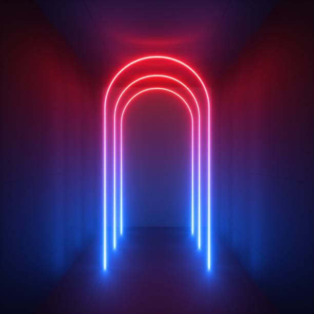 istock 3d render, abstract minimalist neon background, ultraviolet light, red blue glowing arches, night club, performance stage design 1173397960