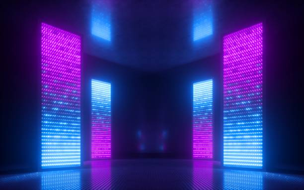 3d render, blau rosa violett neon abstrakten hintergrund, ultraviolettes licht, nachtclub leere raum innenraum, tunnel oder korridor, glühende platten, mode-podium, performance-bühne dekorationen, - violet stock-fotos und bilder