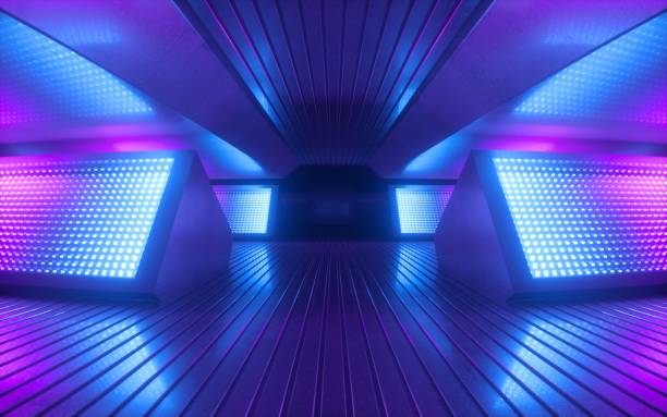 istock 3d render, blue pink neon light abstract background, night club empty room interior, tunnel or corridor, glowing panels, fashion podium, performance stage decorations, 1173398267