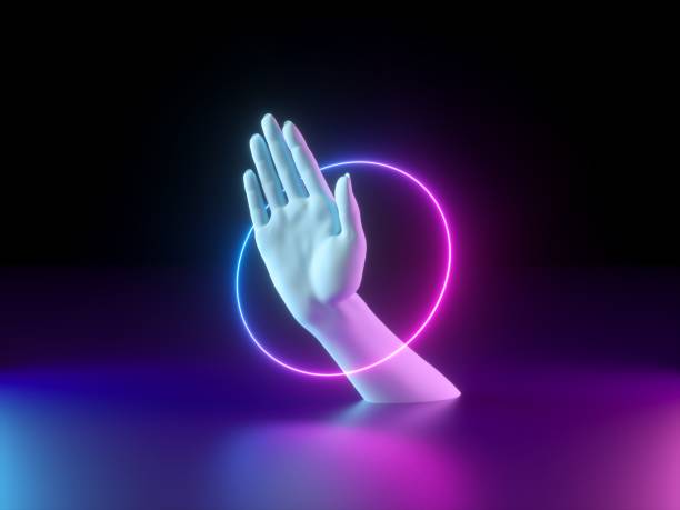 istock 3d render, neon minimal background, mannequin hand with palm, spinning rings, glowing lines, mystical design, paranormal concept, magical show, magician performance 1173398406