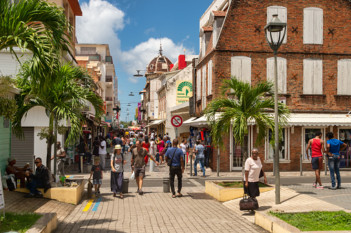 Fort-de-France, FR: 12 August 2019: Rue de la Republique in Fort-de-France, Martinique, West Indies, is the main commercial street.