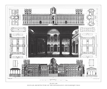 Secular Architecture of the Renaissance and Baroque Eras Engraving Antique Illustration, Published 1851. Source: Original edition from my own archives. Copyright has expired on this artwork. Digitally restored.