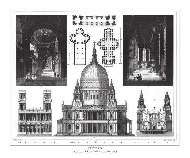 крупные европейские соборы, гравировка антикварная иллюстрация, опубликованная в 1851 году - nave stock illustrations
