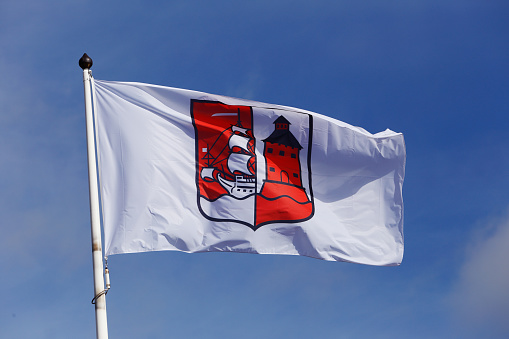 Vaxholm, Sweden - August 30, 2019: Close-up of the Vaxholm township flag