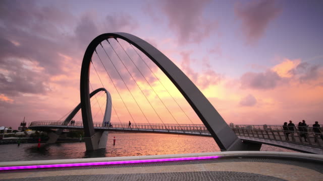 Iconic Elizabeth Quay Bridge at sunset in Perth