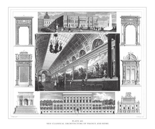 неоклассическая архитектура франции и римская гравировка античная иллюстрация, опубликованная в 1851 году - nave stock illustrations