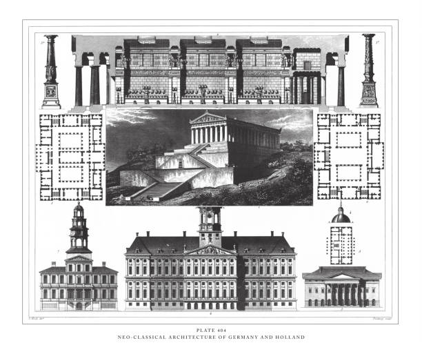 неоклассическая архитектура германии и голландии гравировка античная иллюстрация, опубликовано 1851 - nave stock illustrations