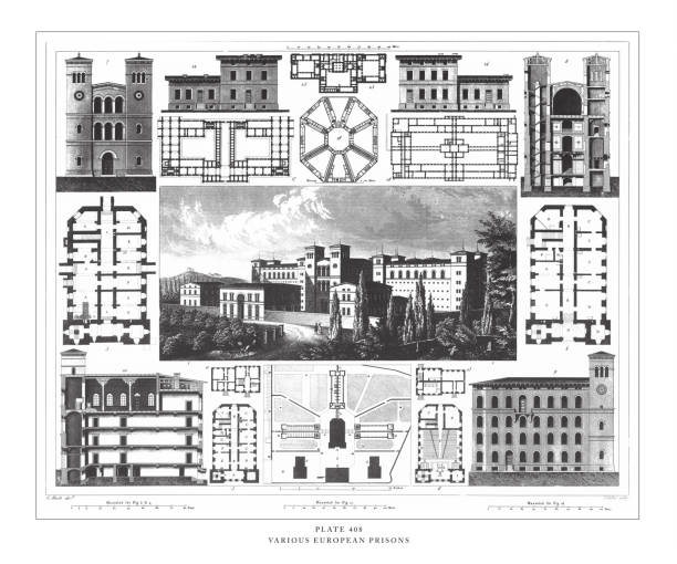 różne więzienia europejskie ryczące antyczne ilustracje, opublikowano 1851 - nave stock illustrations