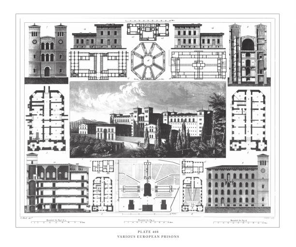 различные европейские тюрьмы гравировка античная иллюстрация, опубликовано 1851 - nave stock illustrations