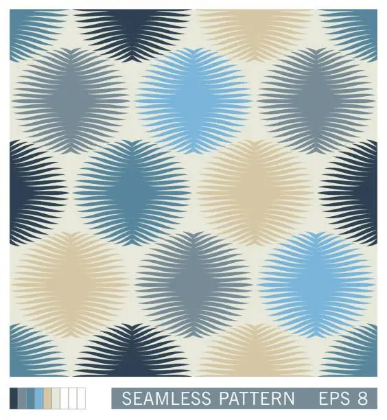 Vector illustration of Seamless pattern. Symmetrical round shapes with rays. Floral motif. Retro halftone shading effect. Trendy vector design