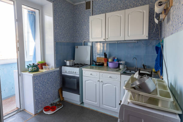 The interior of the old kitchen with access to the balcony stock photo