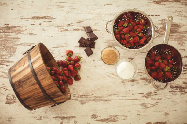 Strawberries, chocolate and spices in various container