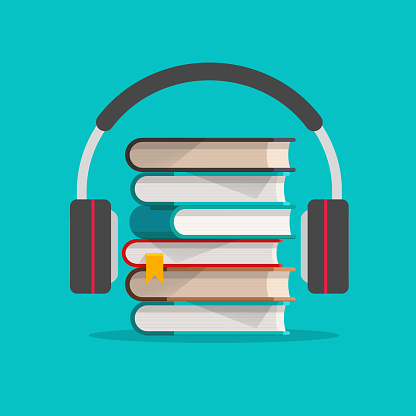 Audio books with headphones concept vector illustration, flat cartoon headset with books stack, idea of podcast or electronic learning