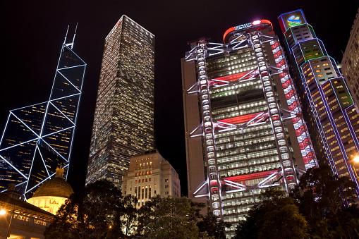 Hong Kong, Admiralty, China - December 03, 2008: skyline of corporate buildings with the Bank of China designed by architect IM Pei and the HSBC building designed by architect Norman Foster from the Statue Square.