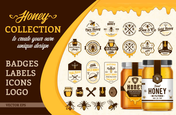 Vector honey collection Vector honey design collection. Badges, labels, icons, logo and packaging design templates with bees, jars and dripping honey for apiary and beekeeping  products branding and identity honey crisp stock illustrations