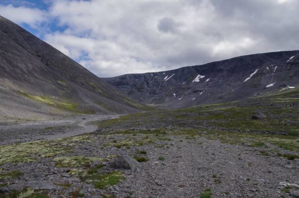 tundra de montaña con musgos y rocas cubiertas de líquenes, montañas hibiny sobre el círculo ártico, península de kola, rusia - khibiny hibiny valley mountain fotografías e imágenes de stock