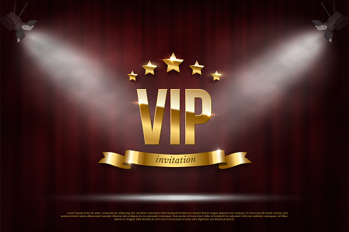 VIP event invitation realistic illustration. Festive red curtain vector luxury background. Retro cinema, classic theater drop and golden ribbon 3D vector horizontal backdrop. Five shiny stars