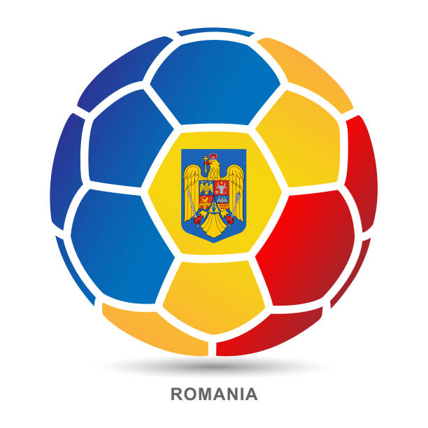 ilustrações, clipart, desenhos animados e ícones de esfera de futebol com a bandeira nacional de romania no fundo branco - red white american football stadium soccer stadium