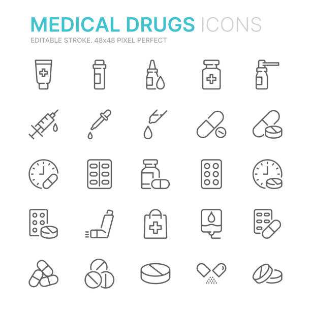 ilustraciones, imágenes clip art, dibujos animados e iconos de stock de colección de iconos de líneas relacionadas con medicamentos médicos. 48x48 pixel perfecto. trazo editable - pills