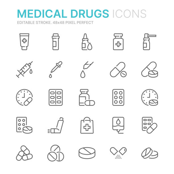 Collection of medical drugs related line icons. 48x48 Pixel Perfect. Editable stroke Collection of medical drugs related line icons. 48x48 Pixel Perfect. Editable stroke curing stock illustrations