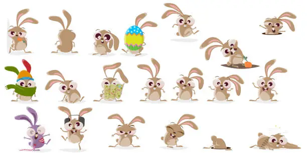 Vector illustration of large cartoon collection of a crazy rabbit in different situations