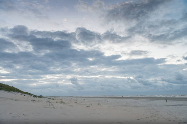 paisaje marino, puesta de sol en la costa, hermoso cielo azul nublado, contraste, luz, sombra, idílico, reflejo en el agua, mar norte holandés, costa, ameland, isla de wadden, frisia, los países bajos - nes fotografías e imágenes de stock