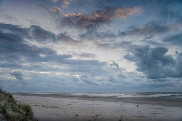 paisaje de dunas, puesta de sol junto al mar, hermoso cielo nublado azul, contraste, luz, sombra, idílico, marram grass, dunas de arena, ameland, mar norte holandés, costa, ameland, isla de wadden, frisia, los países bajos - nes fotografías e imágenes de stock