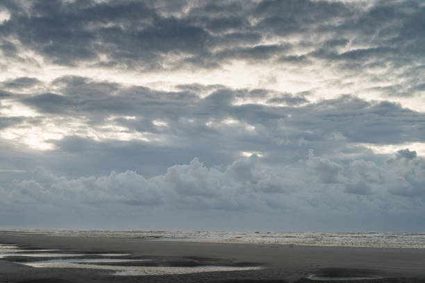 paisaje marino, puesta de sol en la costa, hermoso cielo azul nublado, contraste, luz, sombra, idílico, reflejo en el agua, mar norte holandés, costa, ameland, isla de wadden, frisia, los países bajos - nes fotografías e imágenes de stock