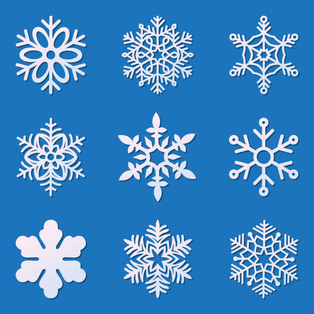 Laser cutting snowflakes set. Template for die cut paper snowflake isolated on blue background. Scrapbooking chipboard. Laser cutting snowflakes set. Template for die cut paper snowflake isolated on blue background. Scrapbooking chipboard. snowflake shape silhouettes stock illustrations