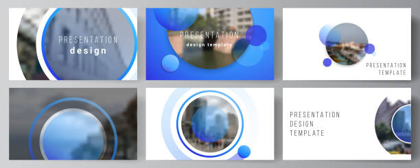 illustrations, cliparts, dessins animés et icônes de l'illustration abstraite minimaliste de vecteur de la disposition modifiable de la présentation glisse des modèles d'affaires de conception. fond bleu moderne créateur avec des cercles et des formes rondes. - prise murale