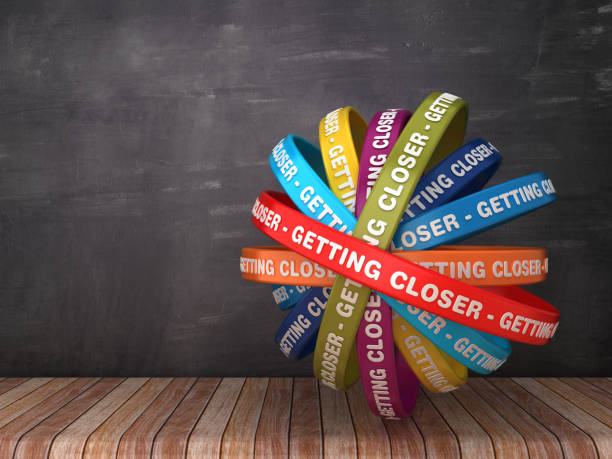 istock Circular Ribbons with GETTING CLOSER Phrase on Chalkboard Background - 3D Rendering 1173427355