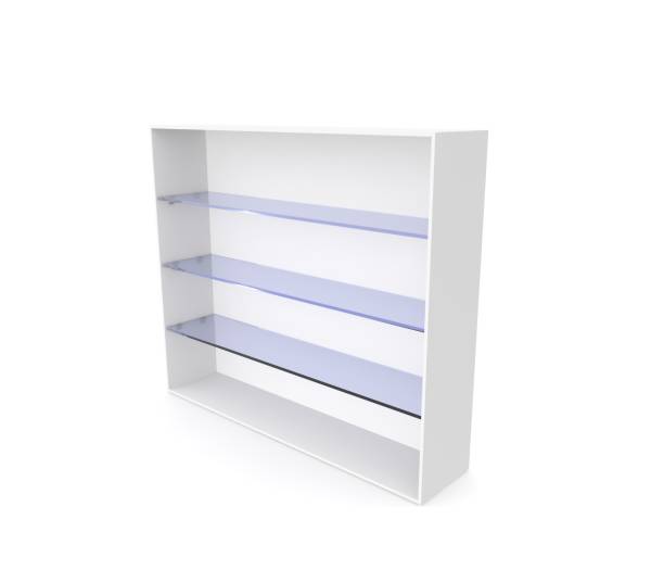 istock An empty showcase with blue glass shelves. White isolated background 1173431331