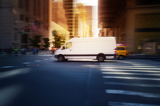 Delivery van in Manhattan New York - motion blur, panning technique