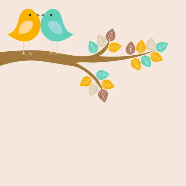 Vector illustration of Vector greeting card on the theme of nature. Cute birds sitting on a tree.