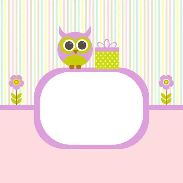 Vector illustration of Vector greeting card on a festive theme. Little owl sitting on the frame with a gift of flowers.