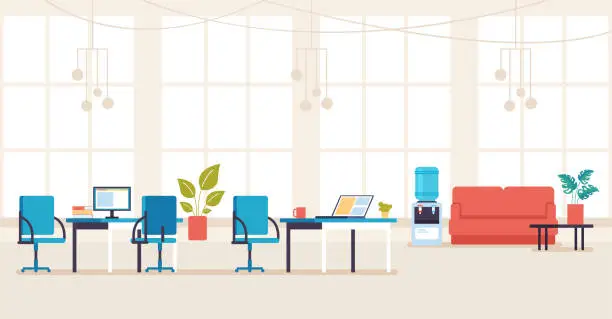 Vector illustration of Empty no people bank office concept. Vector flat cartoon graphic design illustration