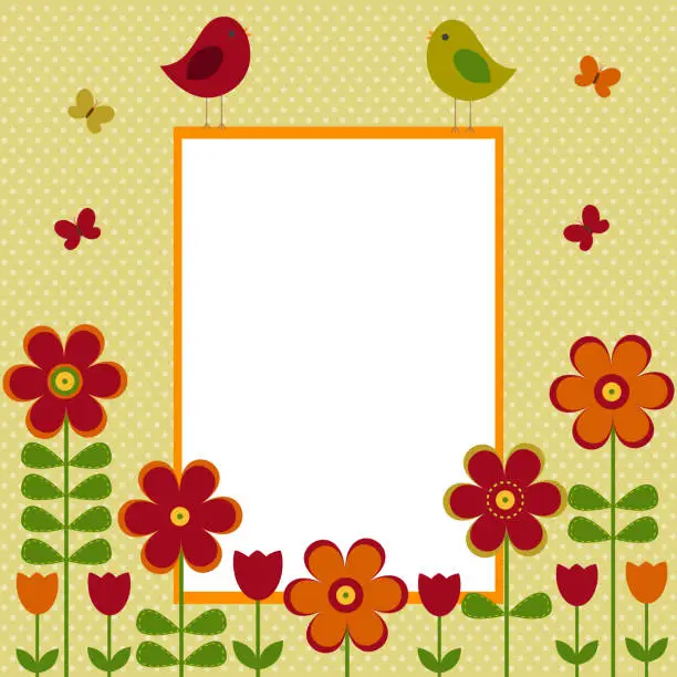 Vector illustration of Vector postcard frame on the spring-summer theme. Birds among bright flowers and butterflies.