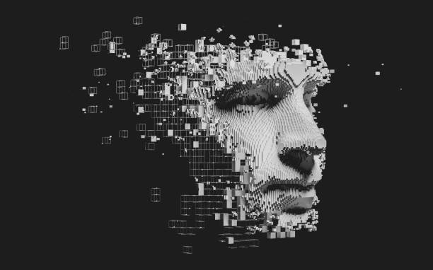 Abstract digital human face Artificial intelligence concept of big data or cyber security. 3D illustration fake stock pictures, royalty-free photos & images