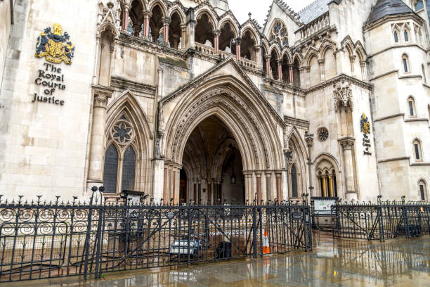 Entrance to the Royal Courts of Justice which house High Court and Court of Appeal, London, United Kingdom stock photo