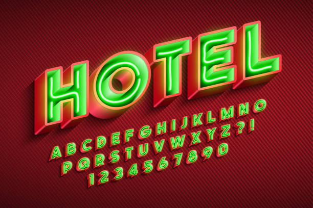 неоновый свет 3d алфавита, дополнительные светящиеся оригинальный шрифт. - letter text messaging decoration green stock illustrations