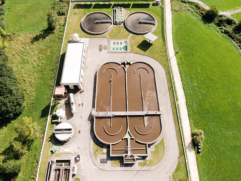 A large, modern sewage treatment plant as seen from above