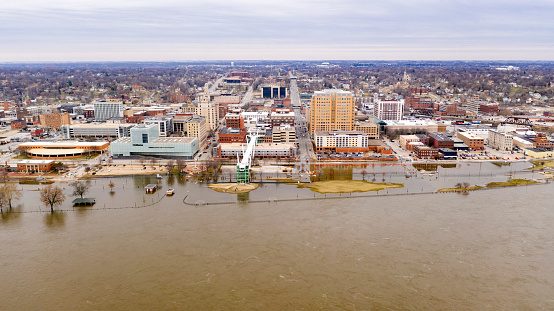 High Water floods the downtown riverfront area of Davenport Iowa in 2019