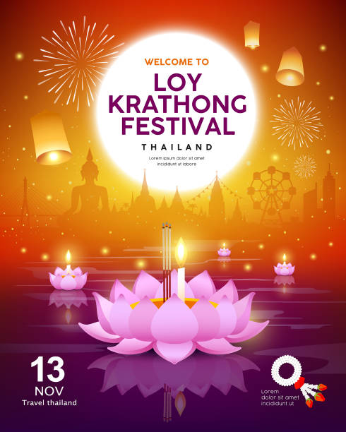 Vector Loy Krathong festival building and landmark thailand banners Vector Loy Krathong festival building and landmark thailand banners on orange background, illustration loi krathong stock illustrations