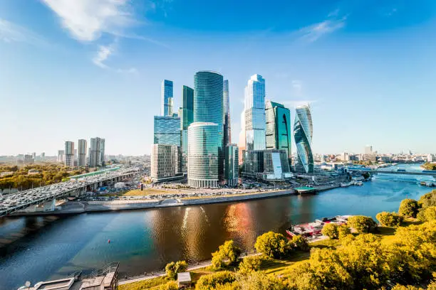 Iconic view over River Moscow on modern area of Moscow City