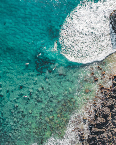 vista aérea no nascer do sol das ondas, dos surfistas e de uma praia pequena com rochas - surf sand rock coastline - fotografias e filmes do acervo