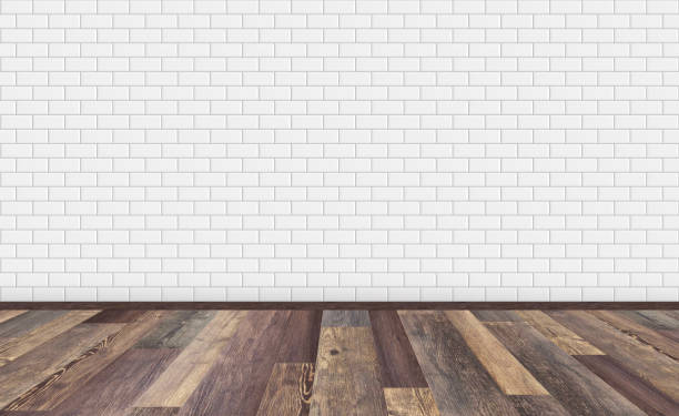 Mockup of empty living room with brown vintage oak wooden floor and classic white ceramic rectangle metro tiles wall. 3D rendering illustration of empty living space room for design interior. stock photo