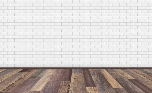 Mockup of empty living room with brown vintage oak wooden floor and classic white ceramic rectangle metro tiles wall. 3D rendering illustration of empty living space room for design interior.