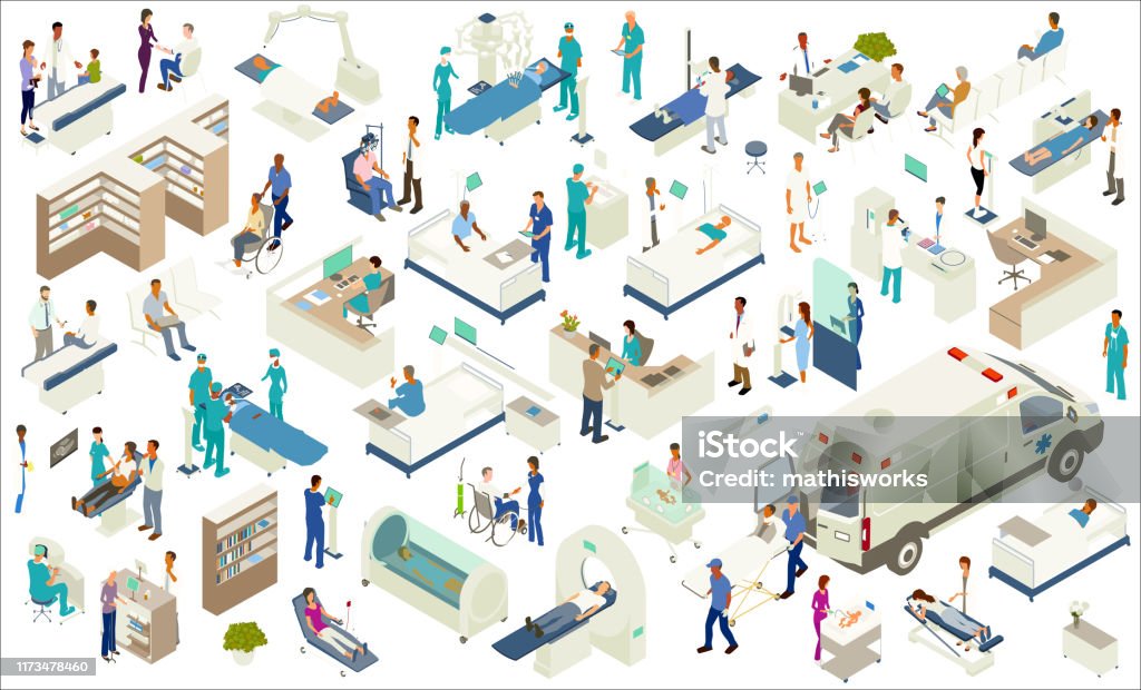 Isometric Medical Icons Isometric medical icons include scanning equipment (MRI, X-Ray, CT scan, CAT scan, etc), robot-assisted surgery, hospital beds, hospital pharmacy shelves, examination tables, hyperbaric chamber, ambulance with gurney, NICU, ultrasound procedure, nurse's station and other desks, reception, kiosk screens, mammogram equipment, medical lab, and other furniture and equipment. People include chiropractor/massage therapist, surgeons, technicians, pharmacist, optometrist, pediatrician, paramedics, a nurse checking blood pressure, and a variety of other patients, doctors, and healthcare professionals. Isometric Projection stock vector